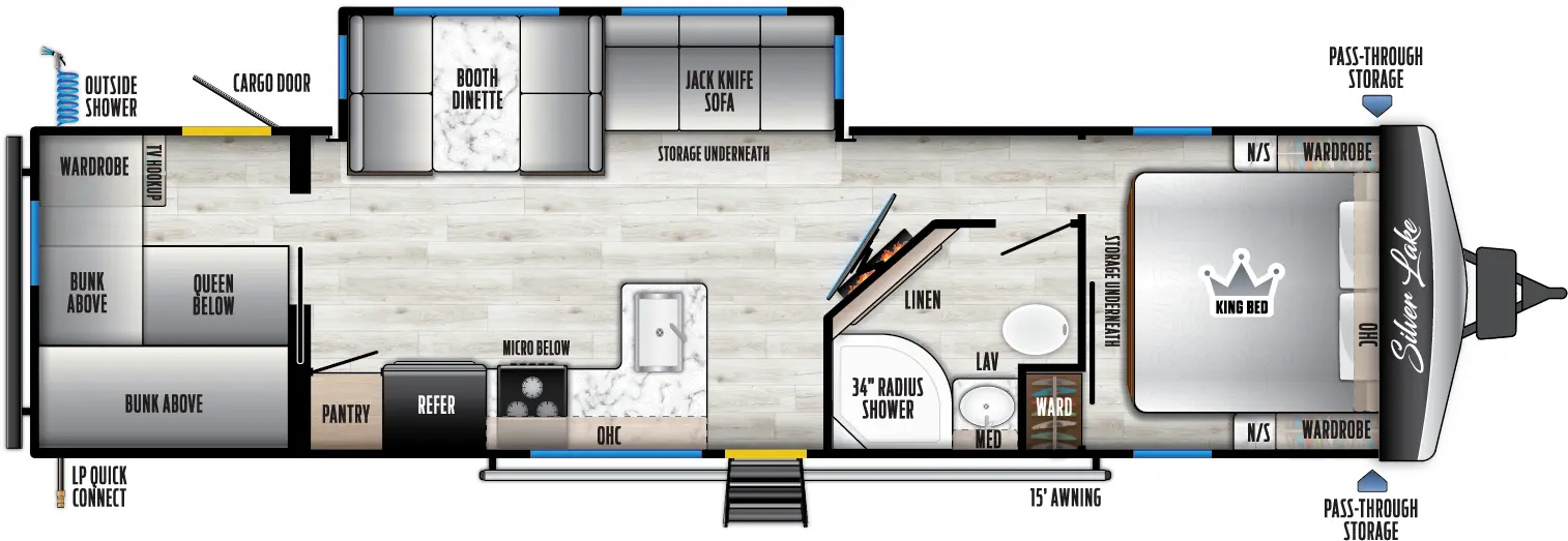 The 3250QB has one slideout and one entry. Exterior features front pass-through storage, 15 foot awning, LP quick connect, and off-door side cargo door and outside shower. Interior layout front to back: foot-facing king bed with storage underneath, overhead cabinets, nightstands with wardrobes on each side, and door side closet; door side full bathroom with medicine cabinet and linen closet; TV hookup with fireplace along inner wall; off-door side slideout with jackknife sofa with storage underneath, and booth dinette; door side entry, and peninsula kitchen counter with sink wraps to door side with overhead cabinet, cooktop with microwave below, refrigerator, and pantry; rear bunkhouse with two bunks above a queen bed below, with TV hookup, wardrobe, and cargo door on off-door side.